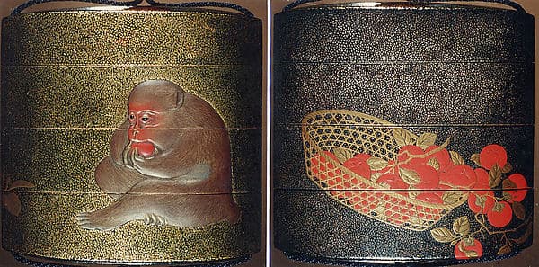 Case (Inrō) with Design of Basket of Persimmons (obverse); Monkey Eating Persimmon (reverse), by Mori Sosen