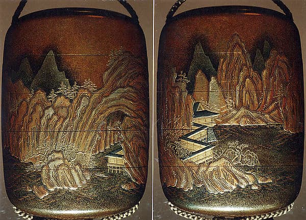 Case (Inrō) with Design of Chinese-Style Mountain Landscape with Buildings beside Rocks