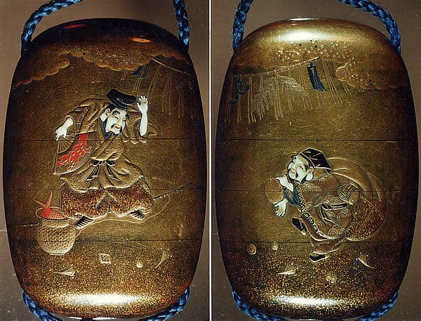 Case (Inrō) with Design of Ebisu and Daikoku Dancing beneath New Year's Decorations, by Nikkōsai