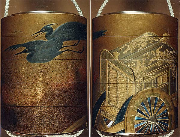 Case (Inrō) with Design of Imperial Cart and Flying Herons (obverse); Court Carriage and Flying Herons (reverse), by Kajikawa School