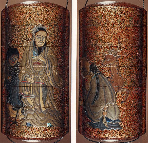 Case (Inrō) with Design of Jurōjin (God of Longevity) Seated beside Stag (obverse); Sage with Crane and Fly Whisk (reverse)