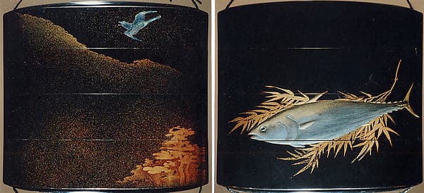 Case (Inrō) with Design of Flying Cuckoo in Flight above Pines (obverse); Bonito (Fish) on Bamboo Leaves (reverse), by Toyōsai (1772–1845)