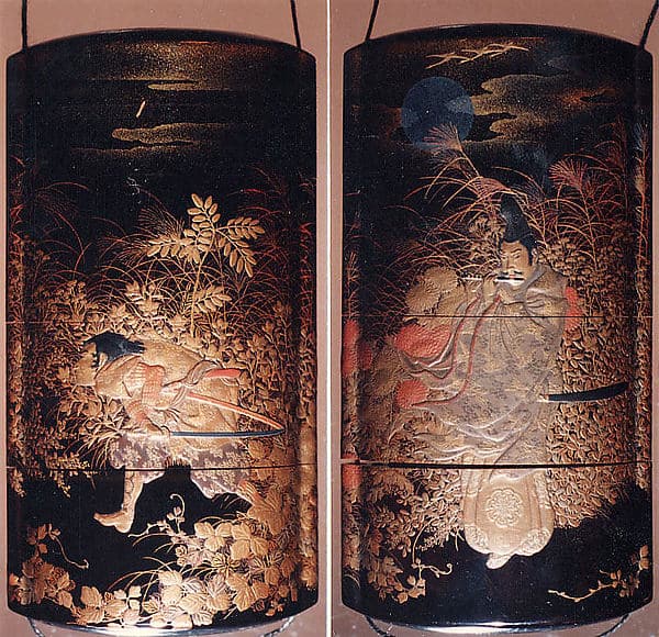 Case (Inrō) with Design of the Courtier Yasusuke Playing Flute beneath Full Moon (obverse); His Brother Kidomaru Hiding among Autumn Grasses (reverse)
