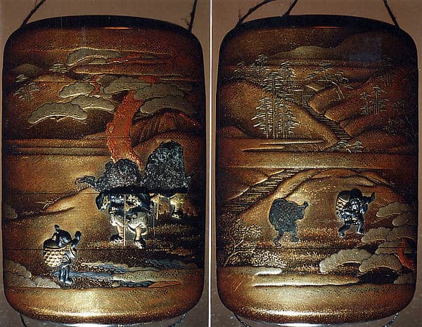 Case (Inrō) with Design of People (Benkei and Yoshitsune)Talking to Child Carrying a Large Basket (obverse); Two Running Children (reverse)