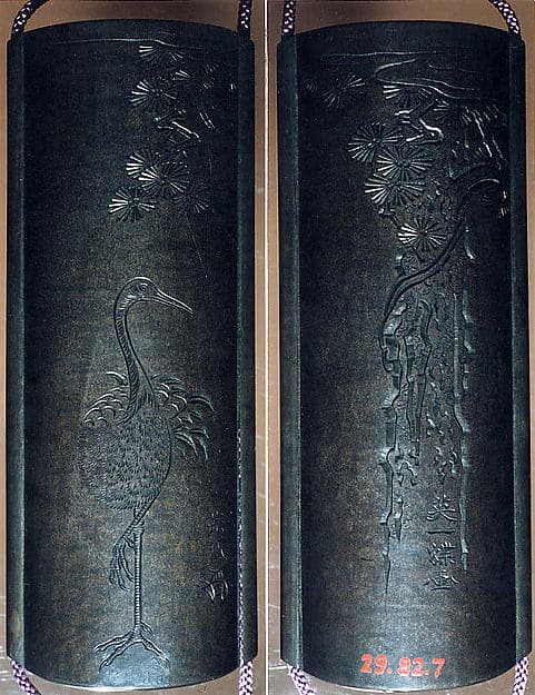 Case (Inrō) with Design of Crane Standing Beneath Pine Tree (obverse); Morning Glory and Inscription (reverse), by Hanabusa Itchō
