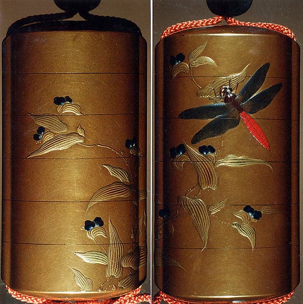 Case (Inrō) with Design of Dragonfly Seated on Leaf of Flowering Plant