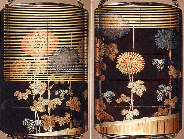 Case (Inrō) with Design of Chrysanthemums Beneath Bamboo Blinds