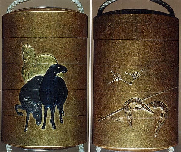 Case (Inrō) with Design of Three Horses Standing (obverse); Saddle Ends and Riding Whip (reverse), by Kakōsai
