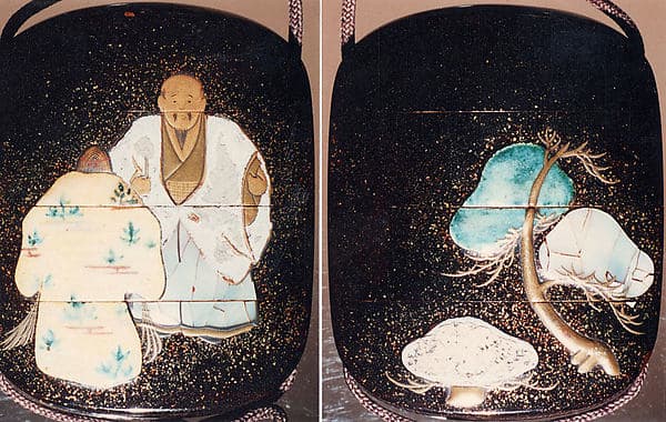 Case (Inrō) with Design of Old Man and Woman (Jo and Uba) and Pine Trees (from Noh Play "Takasago Spirits of the Pine"), by Minsetsusai Kyuho
