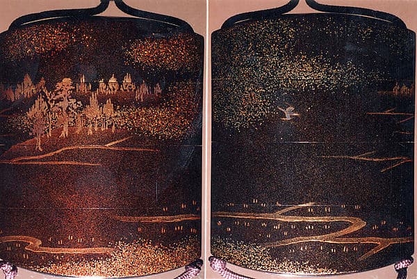 Case (Inrō) with Design of Bird in Flight above Rice Fields (obverse); Trees and Clouds (reverse), by Hogen Eisen