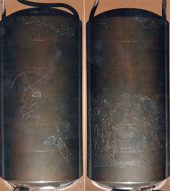 Case (Inrō) with Design of Persons with Mortar Making Mochi (obverse); Two Persons Shooting with Bow and Arrow (reverse), by Tōyō