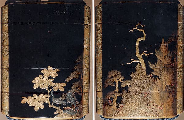 Case (Inrō) with Design of Three Herons Seated in Maple Tree (obverse); Three Crows in Autumn Forest (reverse)