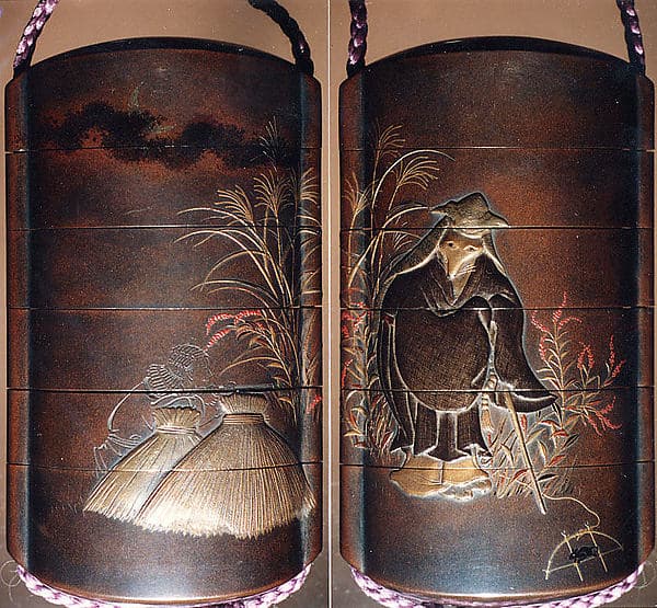 Case (Inrō) with a Fox from the Kyōgen Play The Fox Hunter (Tsurigitsune); Hunter behind Haystacks from the Kyōgen Play "Hakuzōsu" (reverse), by Shibata Zeshin