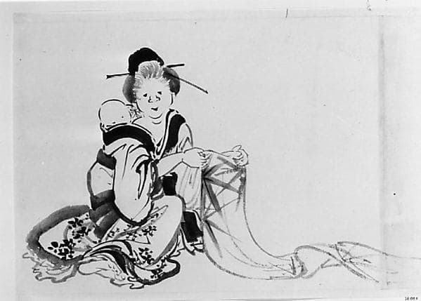 Woman with Baby on Her Back, by Hokusai School