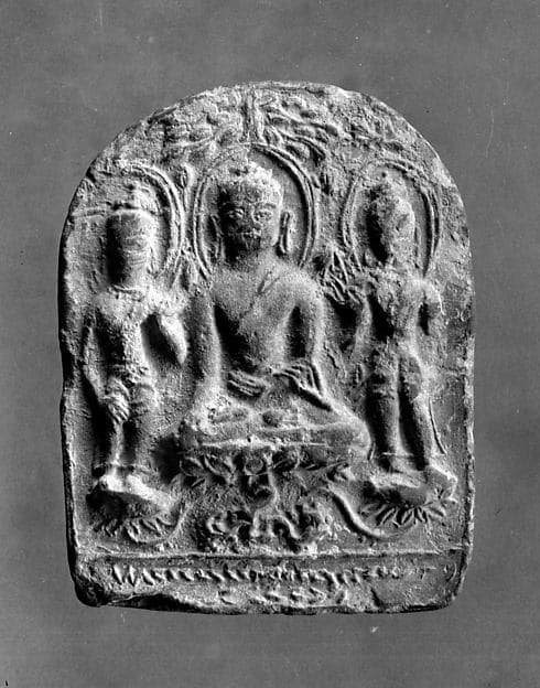 Tile with Buddhist Trinity in Relief