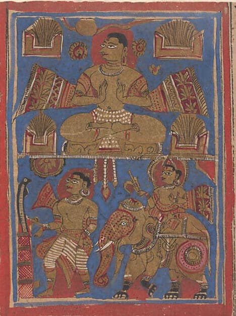 Kamatha Performing the Five Fire Penances (top) and Parsvanatha Rescuing the Snake Dharana (bottom): Folio from a Kalpasutra Manuscript