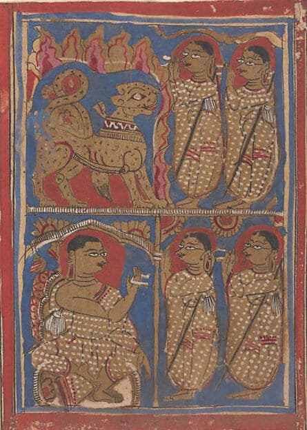 Sthulabhadra as a Lion in a Cave With His Sisters (top) / Sthulabhadra's Sisters Before Bhadrabahu (or Sthulabhadra) (bottom); Page from a Dispersed Kalpa Sutra (Jain Book of Rituals)