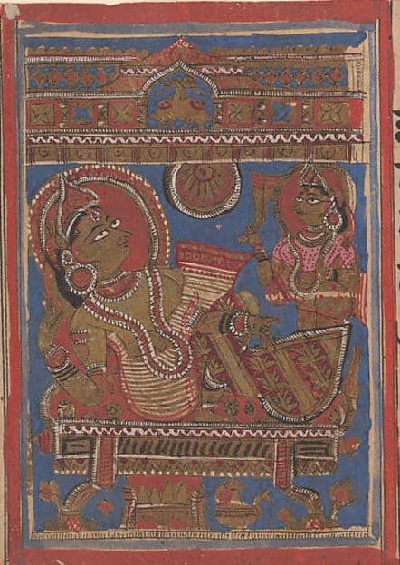 Trisala on Her Couch (left) / The Goddess Sri, One of the Fourteen Lucky Dreams (right); Page from a Dispersed Kalpa Sutra (Jain Book of Rituals)