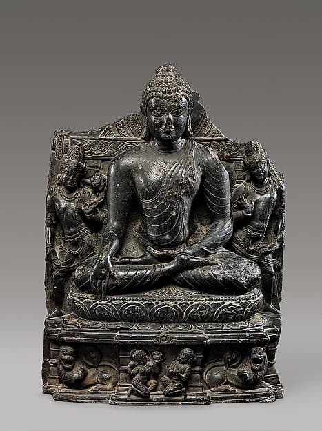 Seated Buddha Reaching Enlightenment, Flanked by Avalokiteshvara and Maitreya