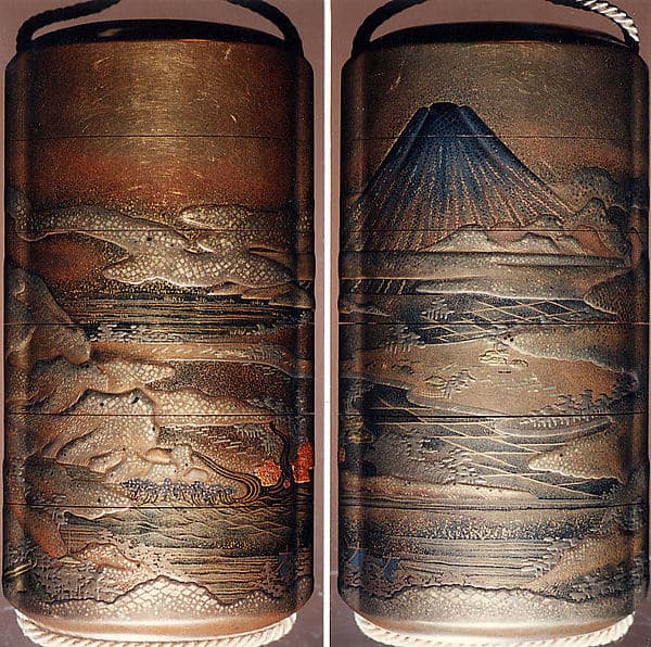 Case (Inrō) with Design of Mount Fuji seen above Rice Fields (obverse); Pines and Cloud Bands in Autumn (reverse)