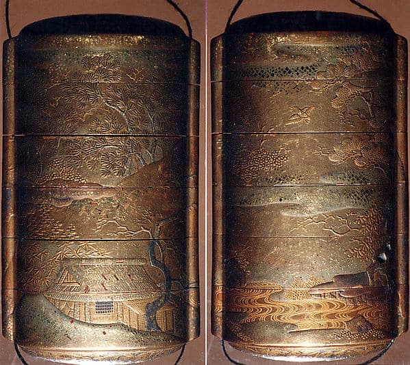 Case (Inrō) with Design of Thatched Building in Hilly Landscape with Trees and Waves with Nestuke of Thatched Building in a Landscape