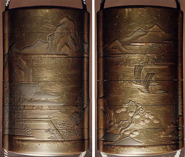 Case (Inrō) with Design of Chinese-Style Buildings in a Mountain Landscape (obverse); Boats on Waves in a Mountain Landscape (reverse)