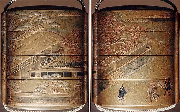 Case (Inrō) with Design of Persons Outside Building and Wall (obverse); With Flowering Cherry Trees (reverse)