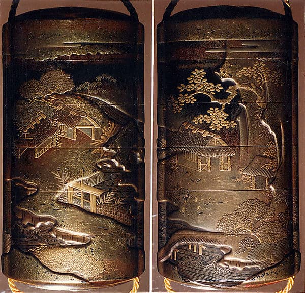 Case (Inrō) with Design of Thatched Buildings Beside River Landscape