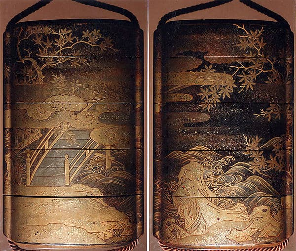 Case (Inrō) with Design of a Diagonal Bridge Seen among Clouds and Maple Branches (obverse); Rocks and Waves beneath Maple Trees and Clouds (reverse)