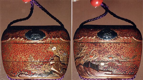 Case (Inrō) with Design of Various Flowers Growing beside Rocks and Fence