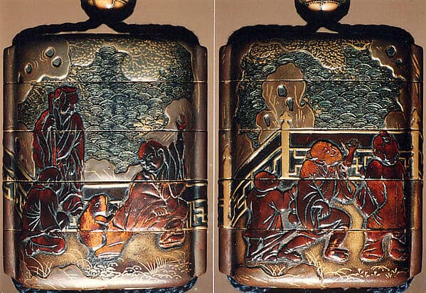 Case (Inrō) with Design of Chinese Persons on a Verandah against Stylized Wave Background