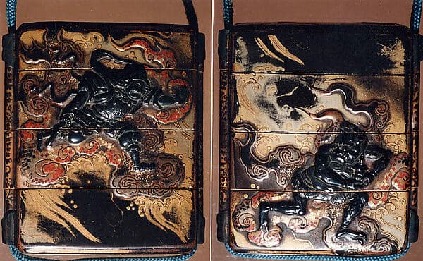 Case (Inrō) with Design of Bishamon (or Idaten) Pursuing an Onî (Demon) on Clouds