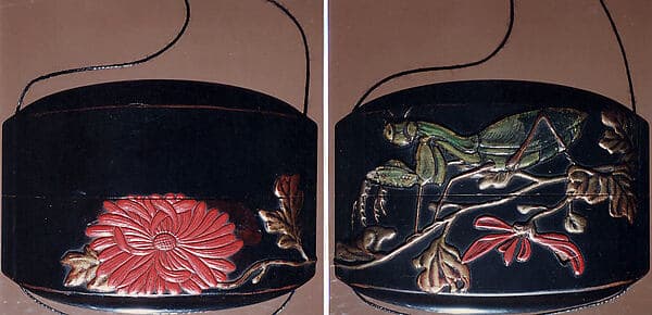 Case (Inrō) with Design of Praying Mantis Standing on a Flowering Chrysanthemum (obverse); Large Red Blossom (reverse)