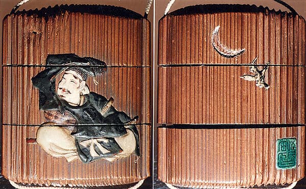 Case (Inrō) with Design of Samurai Seated on Ground (obverse); Bird Flying before a Crescent Moon (reverse)
