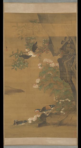 Mandarin ducks and cotton rose hibiscus, by Lü Ji