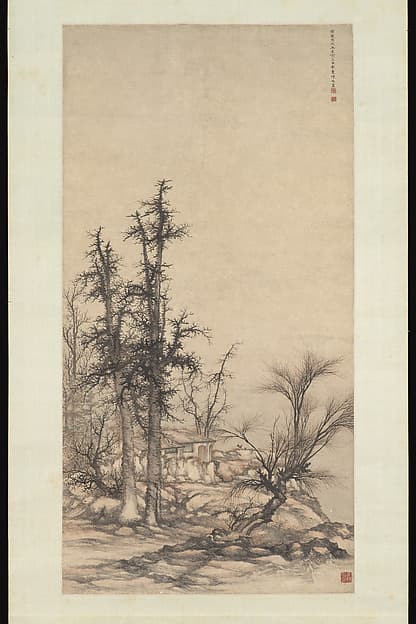 Small dwelling in a dense grove of trees, by Chen Mei