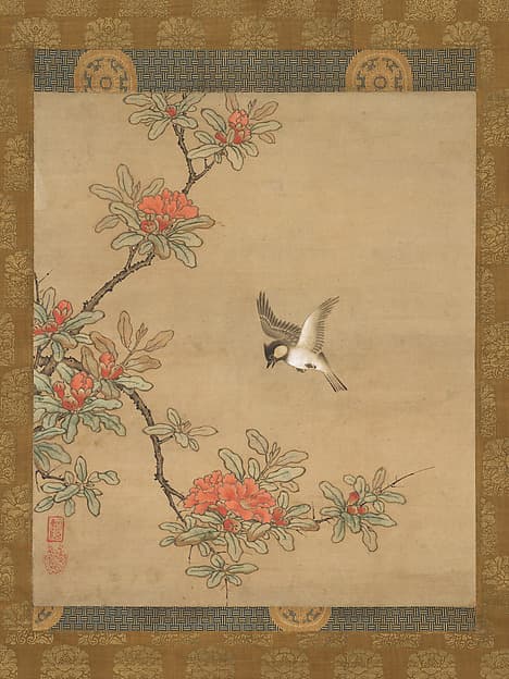 Titmouse with Pomegranate Flowers, by Kano Yukinobu 狩野之信
