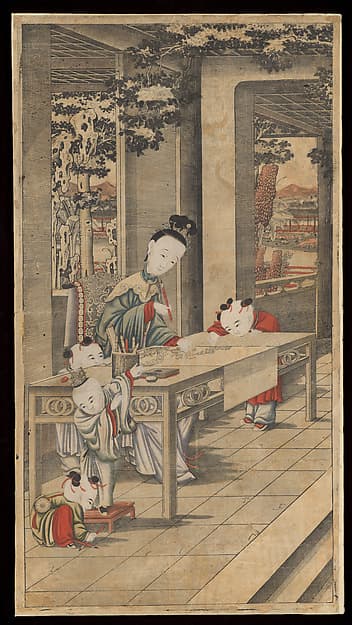 Woman teaching children to paint, from four-print set “Women teaching children the four accomplishments”