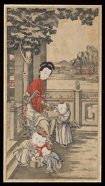 Woman teaching children to read and write calligraphy, from four-print set “Women teaching children the four accomplishments”