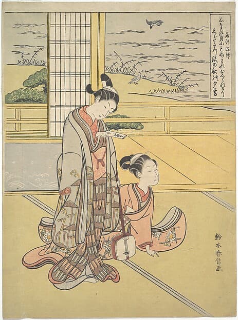 A Young Man and Woman with a Shamisen; Monk Saigyō, from a series alluding to the Three Evening Poems (Sanseki waka), by Suzuki Harunobu