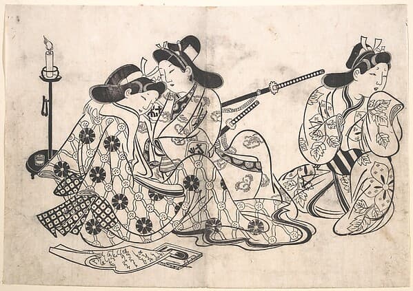 Samurai and Courtesan Seated; A Servant Beside Them, by Sugimura Jihei Masataka