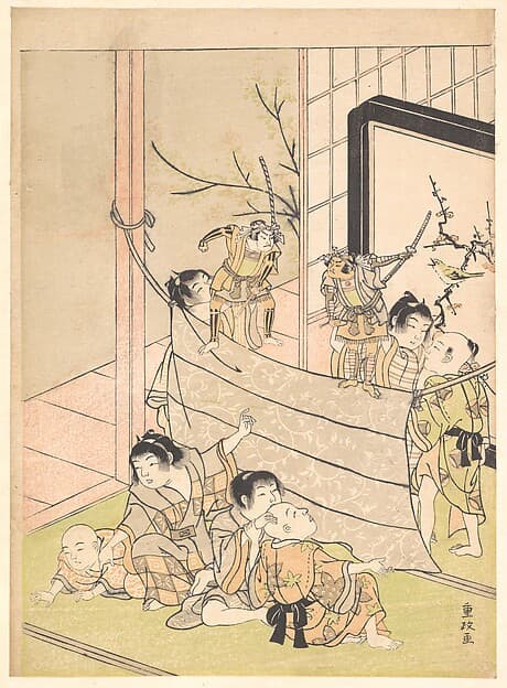 Young Boys Performing a Puppet Show, by Kitao Shigemasa