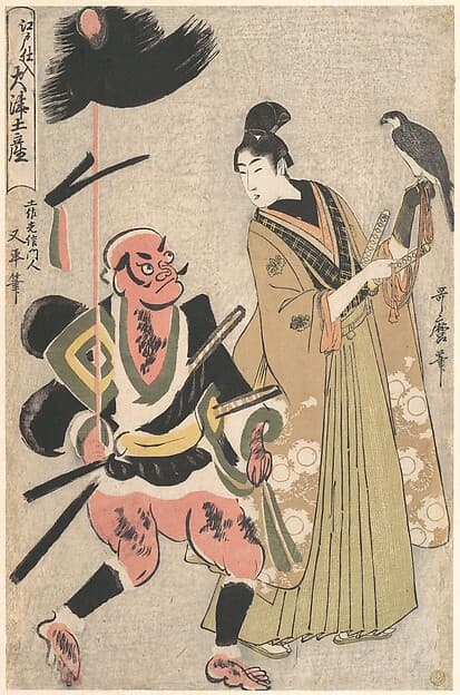 Foot-Soldier with a Spear and Hawk-Handler (Yari-mochi yakko to taka shō), from the series Souvenir Paintings from Ōtsu, Stocked in Edo (Edo Shi-ire Ōtsu Miyage), by Kitagawa Utamaro
