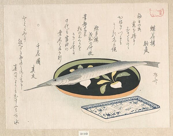 Halfbeak on a Lacquer Tray with Turnips and White Baits on a Porcelain Dish with Plum Blossoms on Broken Ice, by Ryūryūkyo Shinsai