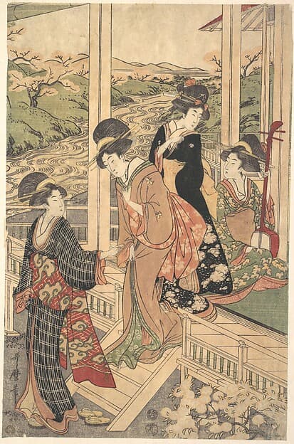 Group of Women on the Engawa of a Country House, in the time of the Cherry Blossoming, by Utamaro II