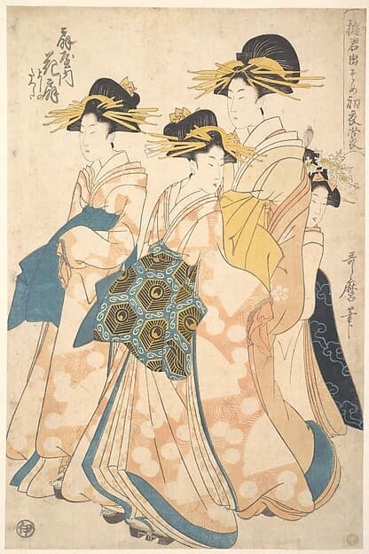 The Oiran Hanaogi of Ogiya attended by Two Shinzo and Her Kamuro Yoshino, by Utamaro II