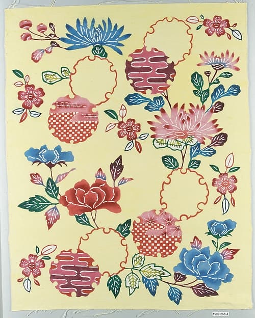 Bingata Panel with Chrysanthemums and Snow Circles, by Teruyo Shinohara