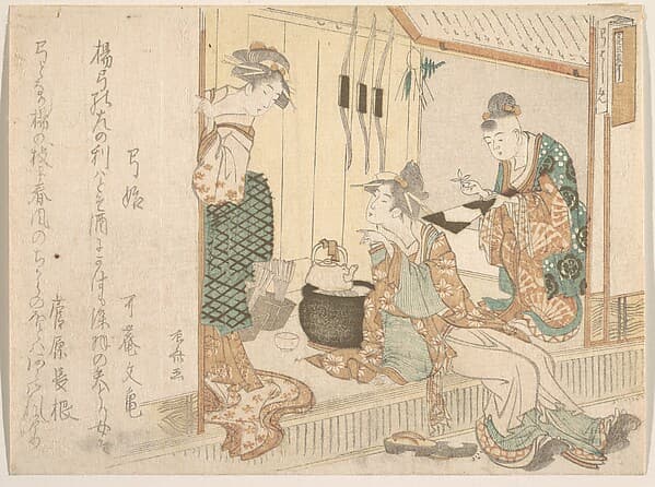 Two Young Ladies Having Tea Attended by Elderly Servant, by Ryūryūkyo Shinsai