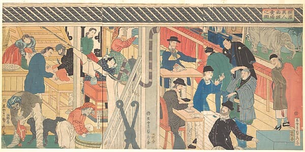 Sales Room at the Foreign Trade Building in Yokohama, by Utagawa (Gountei) Sadahide