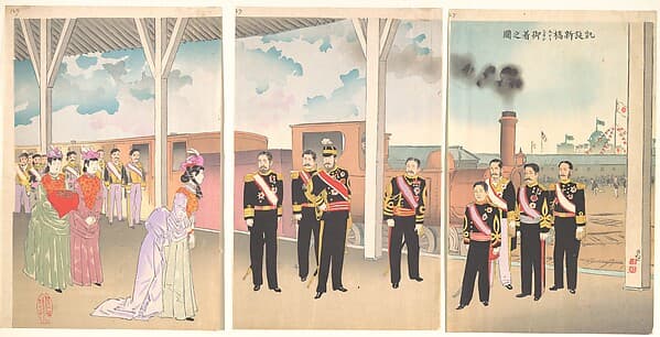 Triumphant Arrival of the Emperor at Shinbashi Station, by Kobayashi Kiyochika